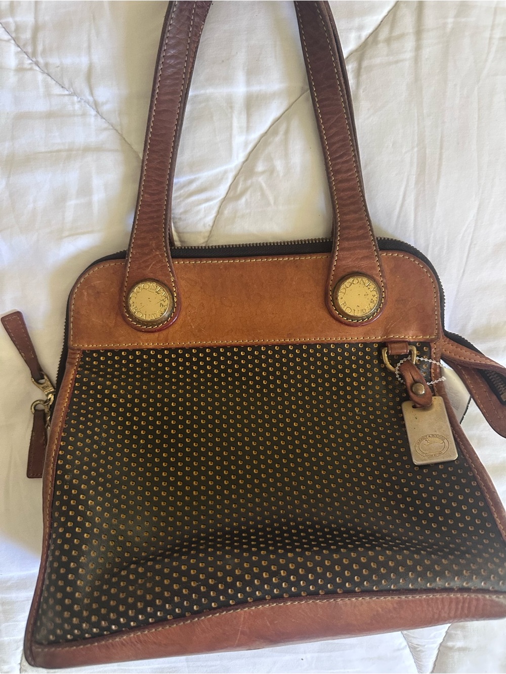 Dooney & Bourke Brown Studded Shoulder Bag with Tan Trim